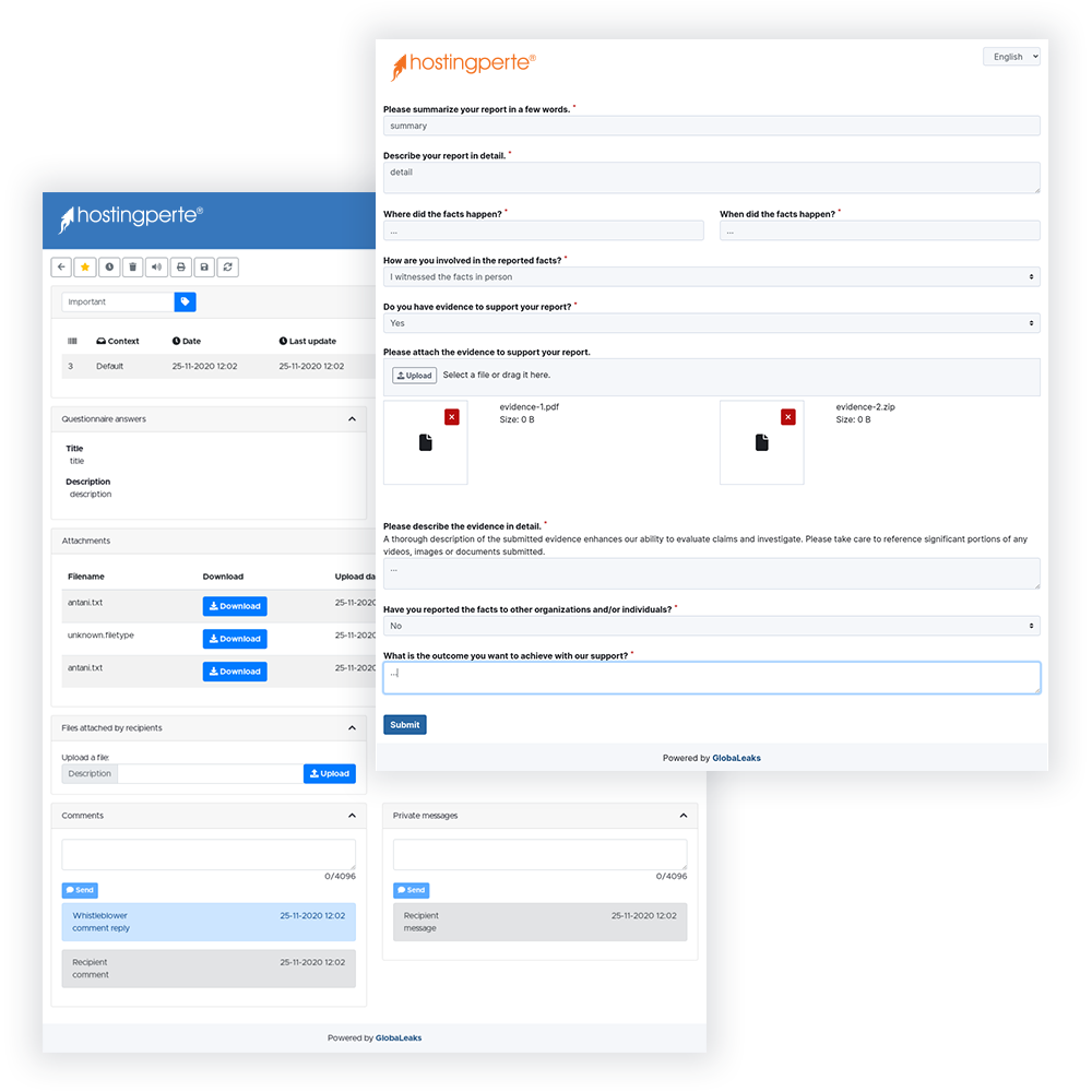 screenshot del software GlobaLeaks per il whistleblowing